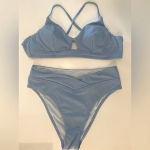 Ocean Rib Tie Back Bralette & Cross High Waisted Cheeky Bikini Set